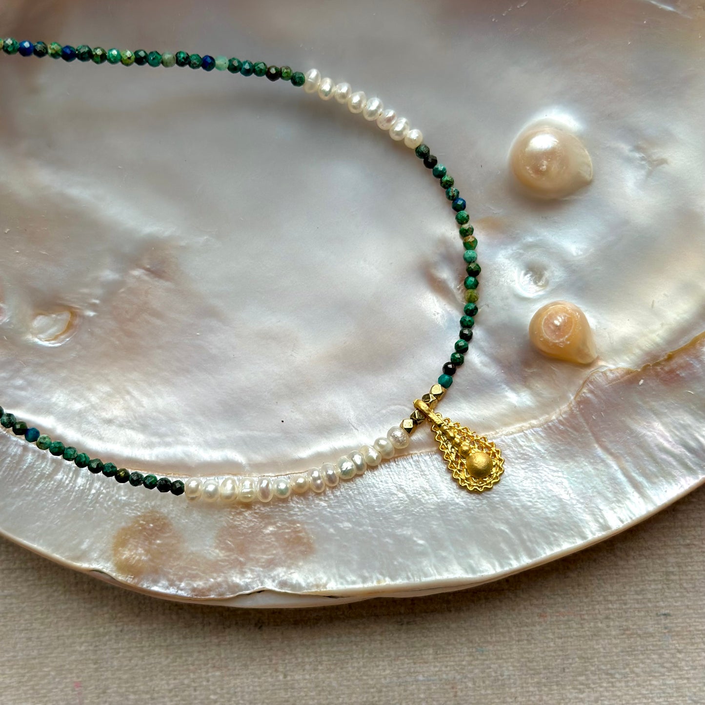 Chrysocolla And Freshwater Pearl Beaded Necklace