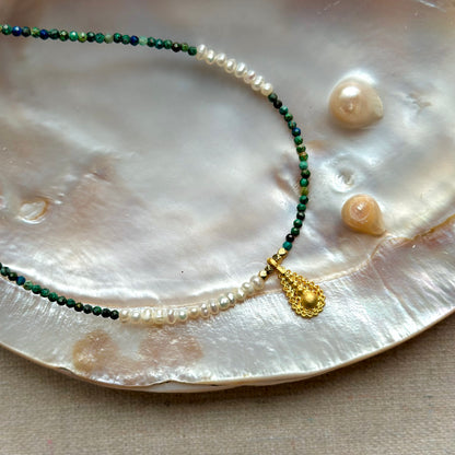 Chrysocolla And Freshwater Pearl Beaded Necklace