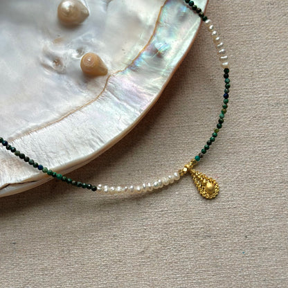 Chrysocolla And Freshwater Pearl Beaded Necklace