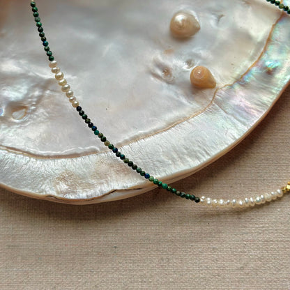 Chrysocolla And Freshwater Pearl Beaded Necklace
