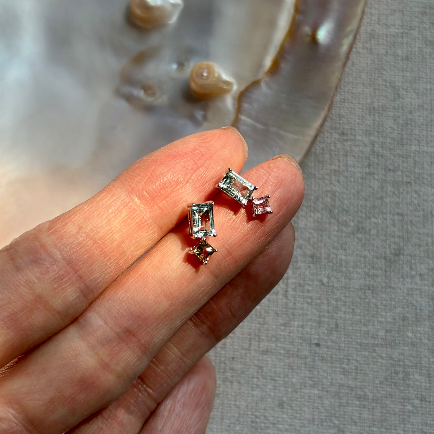 Aquamarine And Tourmaline Sterling Silver Ear Stud