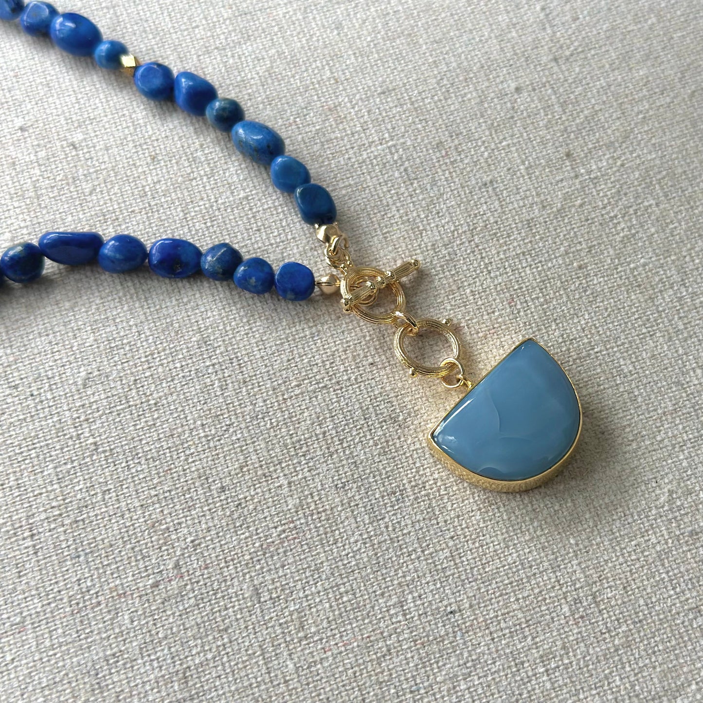 Lapis Beaded And Blue Opal Front Hoop Toggle Necklace
