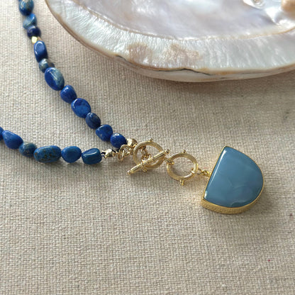 Lapis Beaded And Blue Opal Front Hoop Toggle Necklace