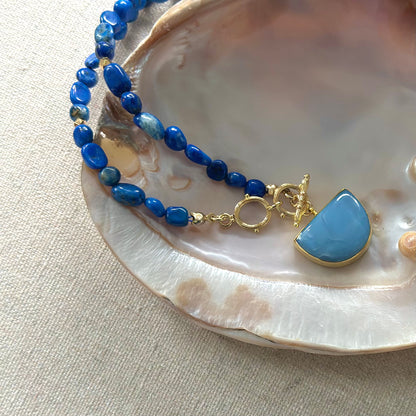 Lapis Beaded And Blue Opal Front Hoop Toggle Necklace