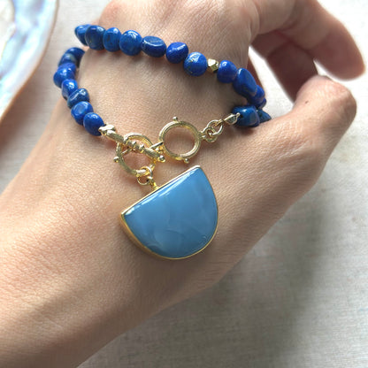 Lapis Beaded And Blue Opal Front Hoop Toggle Necklace