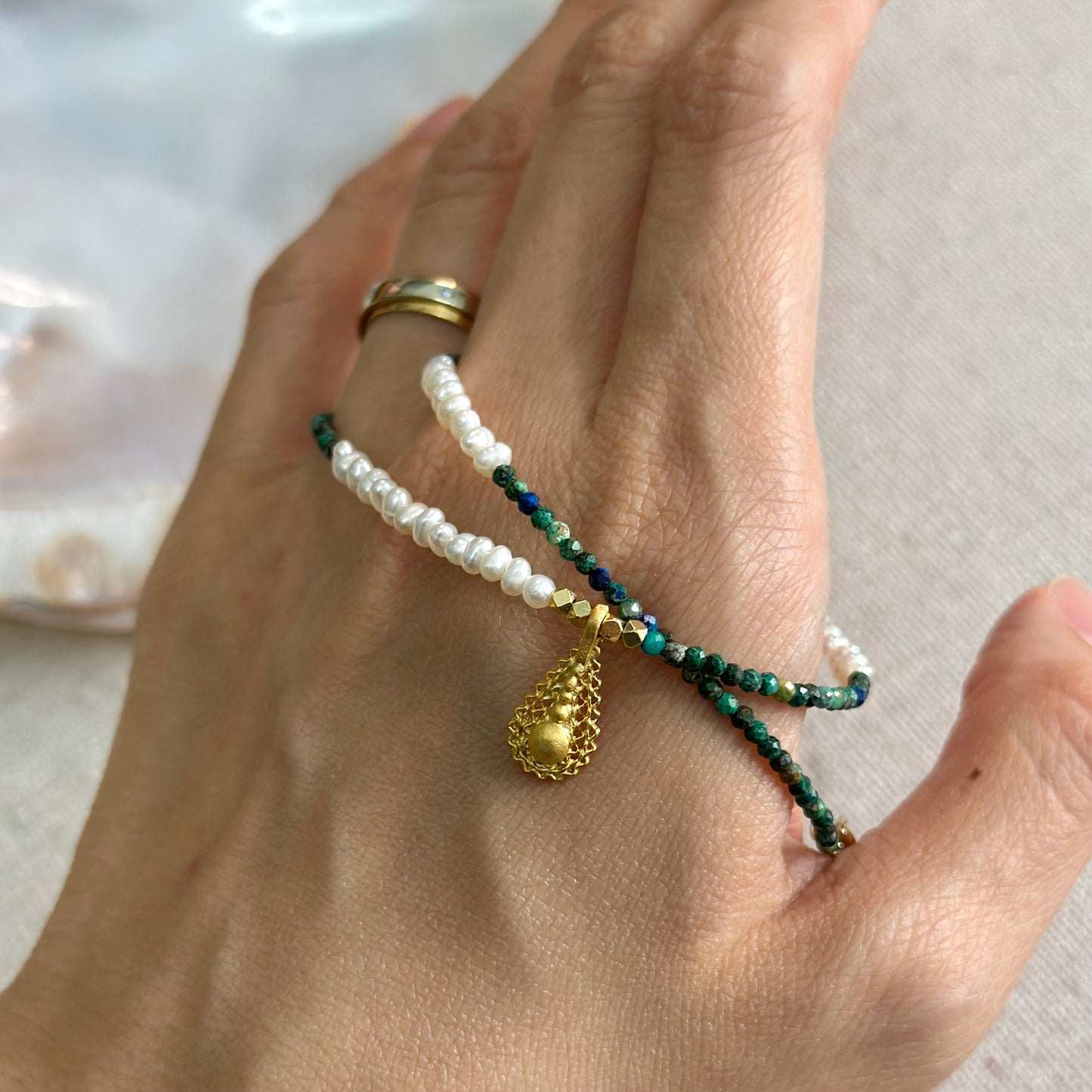 Chrysocolla And Freshwater Pearl Beaded Necklace