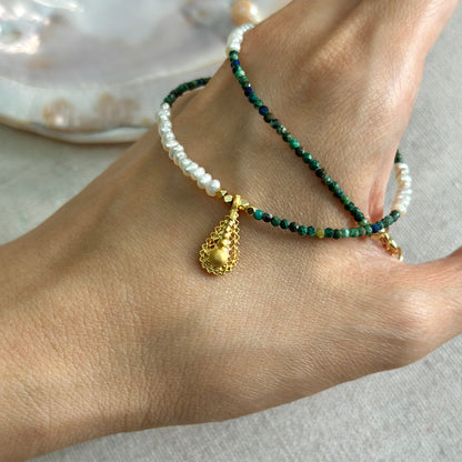 Chrysocolla And Freshwater Pearl Beaded Necklace