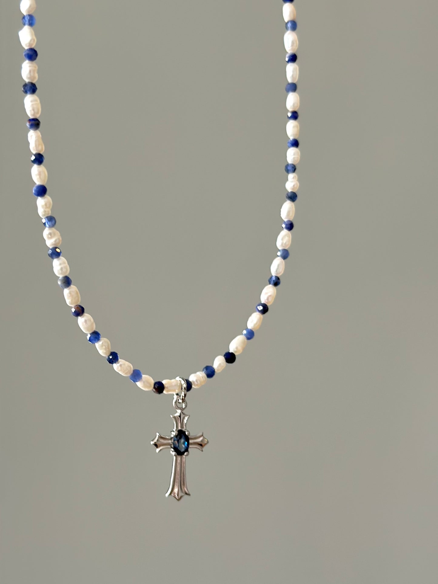 Sodalite Beaded And Sapphire Cross Necklace