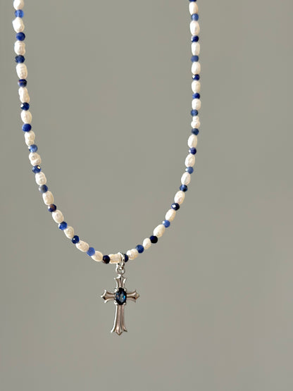 Sodalite Beaded And Sapphire Cross Necklace