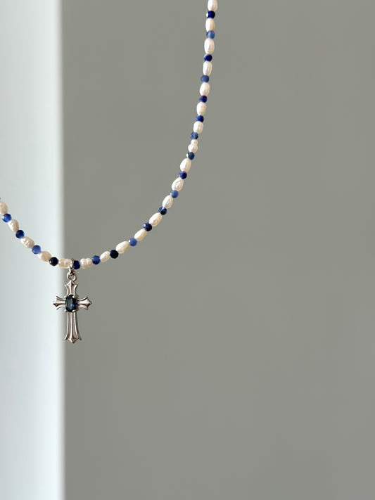 Sodalite Beaded And Sapphire Cross Necklace