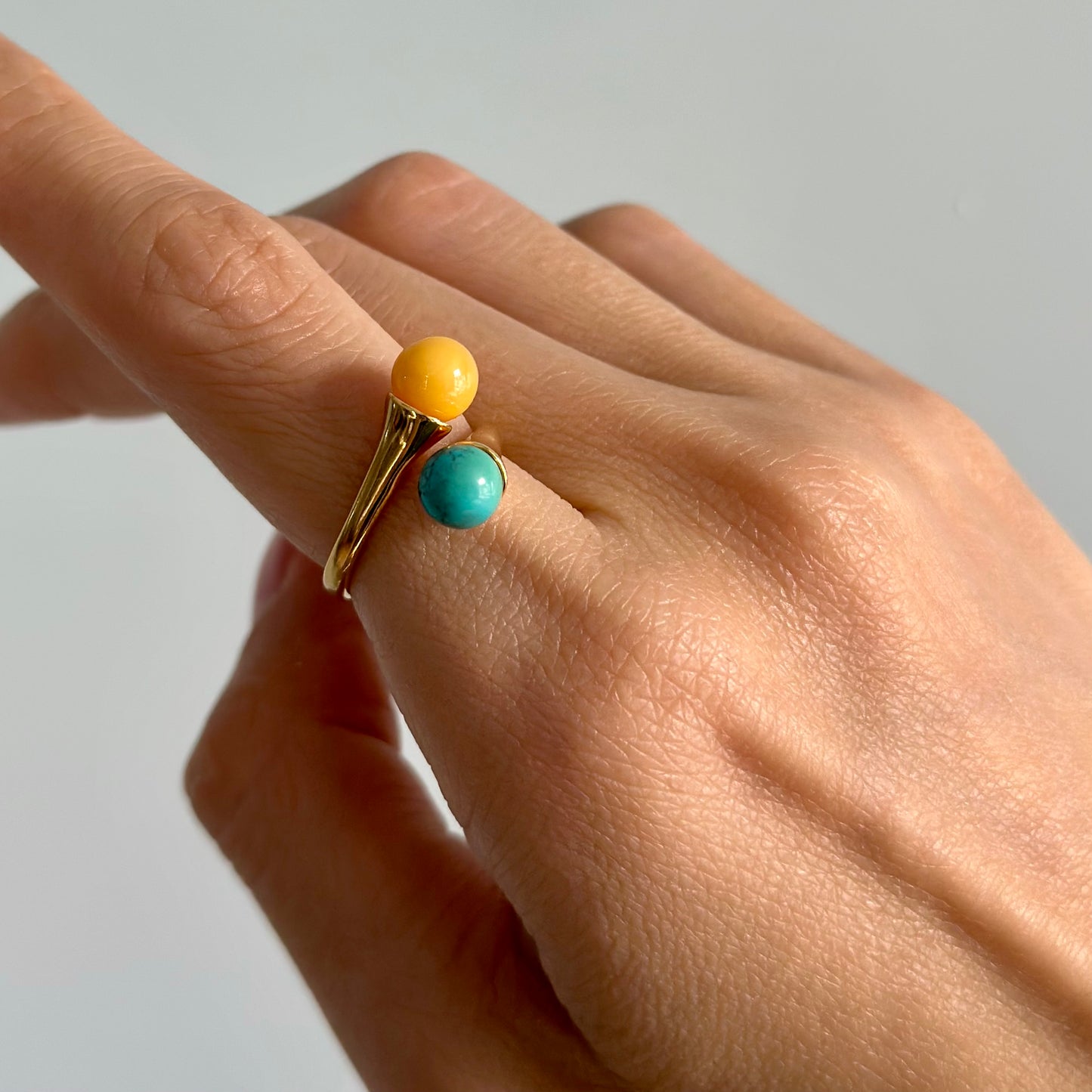 Turquoise And Amber Adjustable Gold-plated Ring