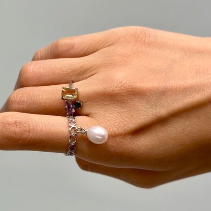 Freshwater Pearl Dangling Adjustable Sterling Silver Ring