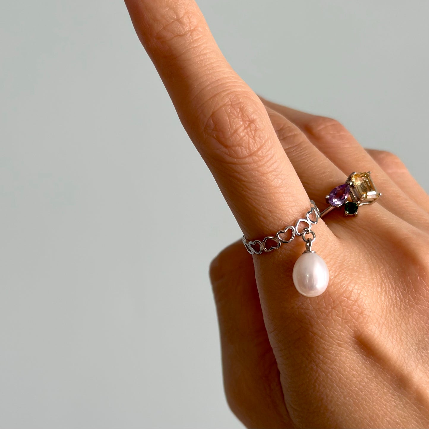 Freshwater Pearl Dangling Adjustable Sterling Silver Ring