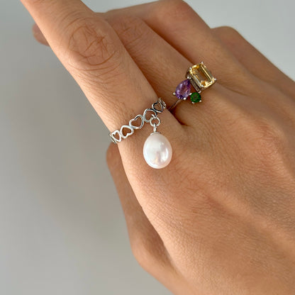 Freshwater Pearl Dangling Adjustable Sterling Silver Ring