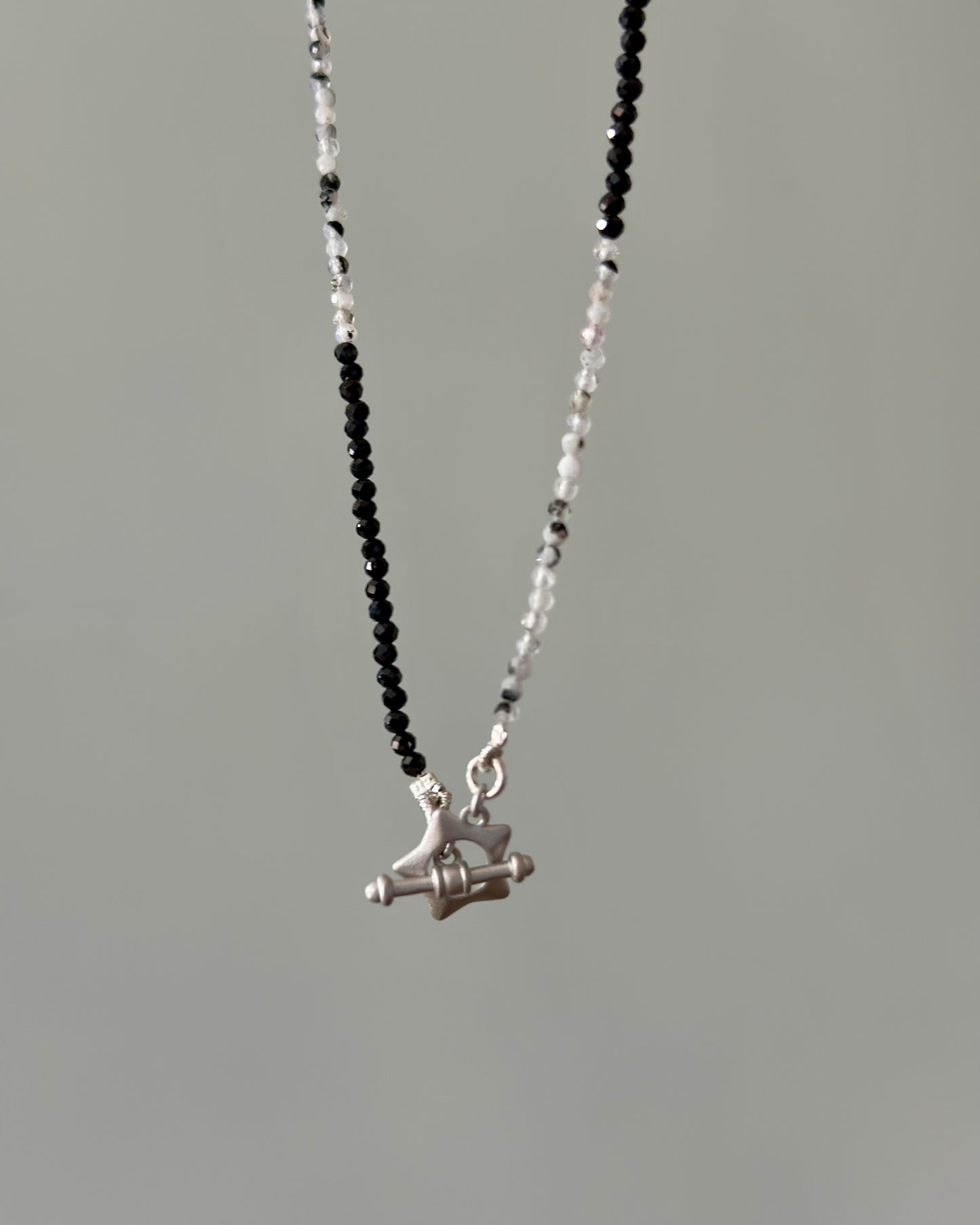 Moonstone And Black Spinel Beaded Front Hoop Toggle Necklace