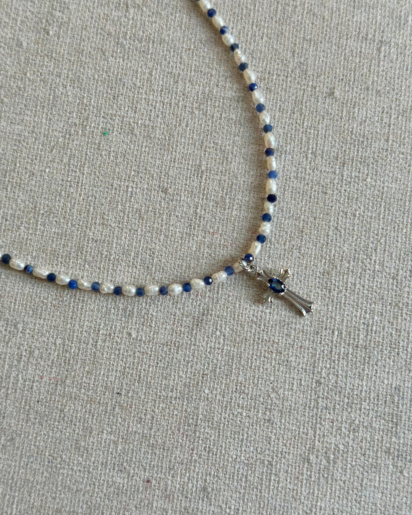 Sodalite Beaded And Sapphire Cross Necklace