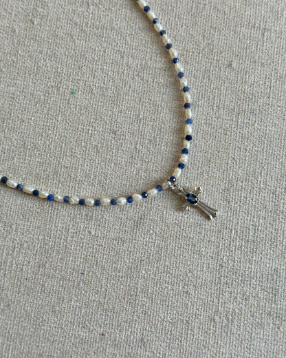 Sodalite Beaded And Sapphire Cross Necklace