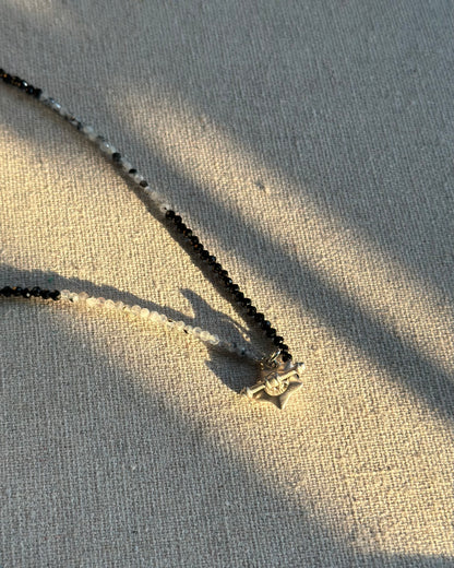 Moonstone And Black Spinel Beaded Front Hoop Toggle Necklace