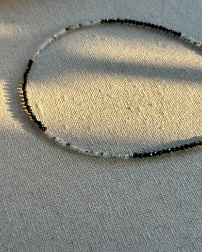 Moonstone And Black Spinel Beaded Front Hoop Toggle Necklace