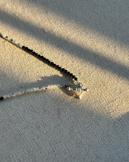 Moonstone And Black Spinel Beaded Front Hoop Toggle Necklace