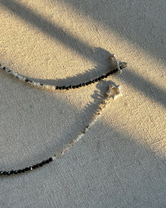 Moonstone And Black Spinel Beaded Front Hoop Toggle Necklace