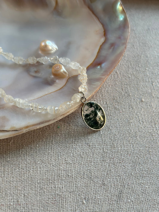 Moonstone Beaded And Green Moss Agate Necklace