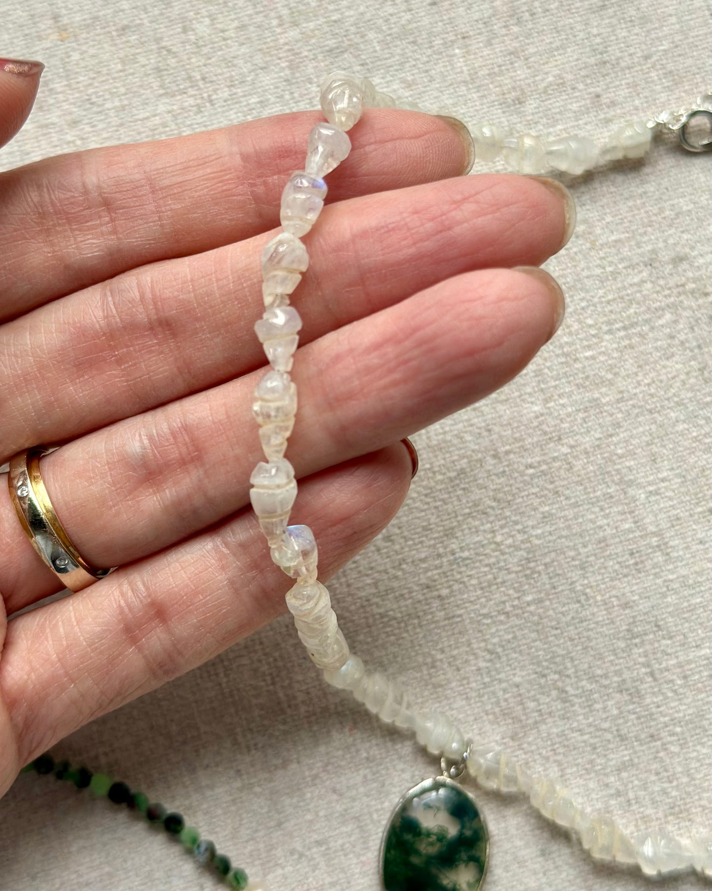 Moonstone Beaded And Green Moss Agate Necklace