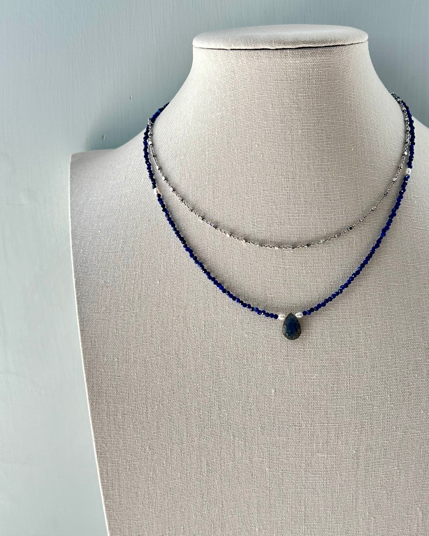 Lapis Mixed Freshwate Pearl And Labradorite Beaded Necklace