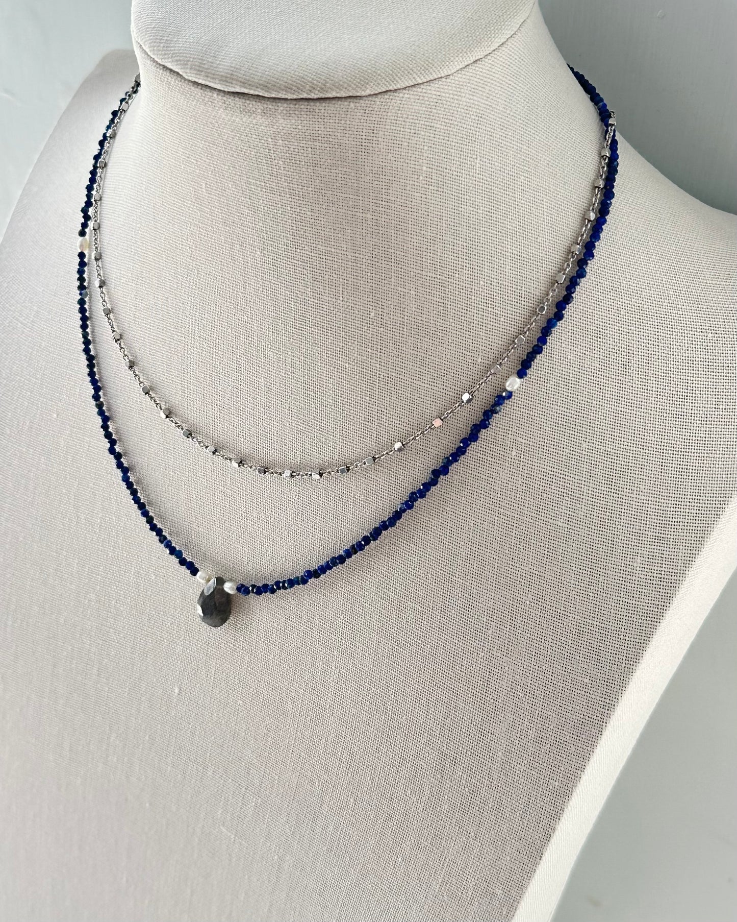 Lapis Mixed Freshwate Pearl And Labradorite Beaded Necklace
