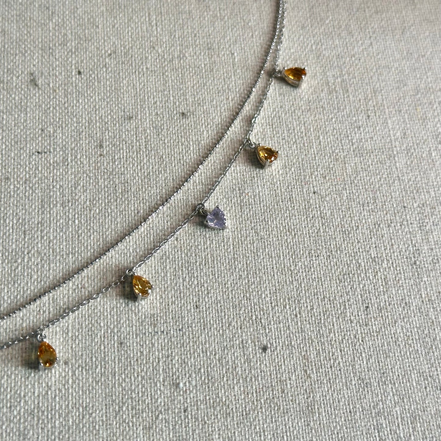 Milky Amethyst Heart And Citrine Dangling Sterling Silver Necklace