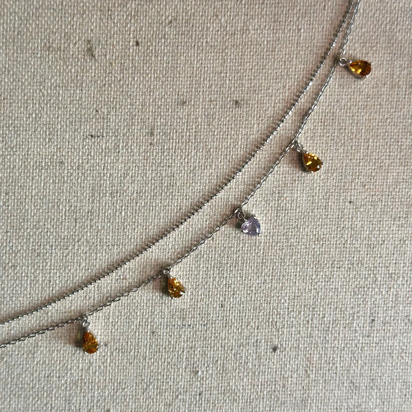 Milky Amethyst Heart And Citrine Dangling Sterling Silver Necklace