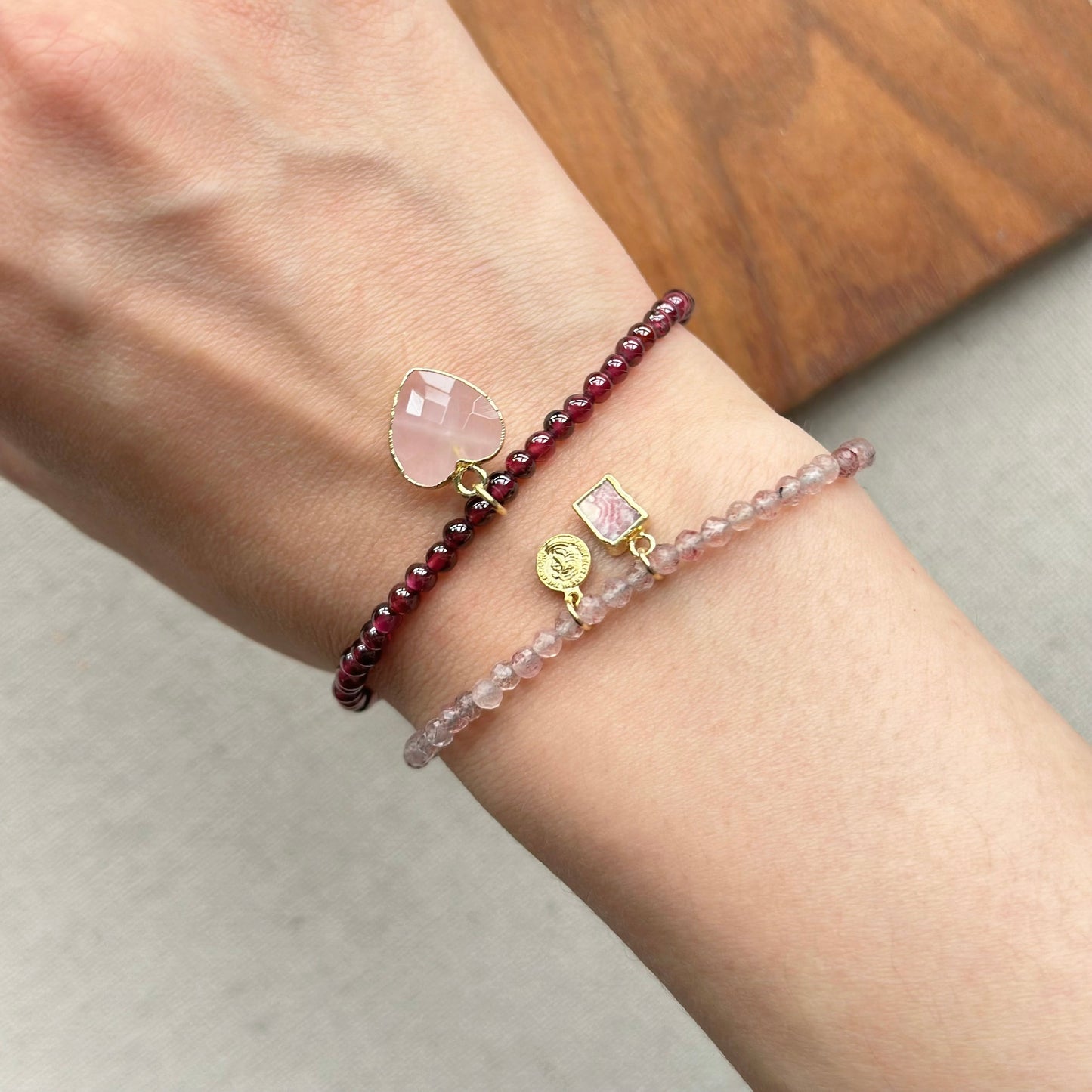 Strawberry Quartz Beaded And Rhodochrosite Bracelet