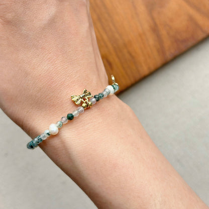 Green Moss Agate And Freshwater Pearl Beaded Bow Bracelet