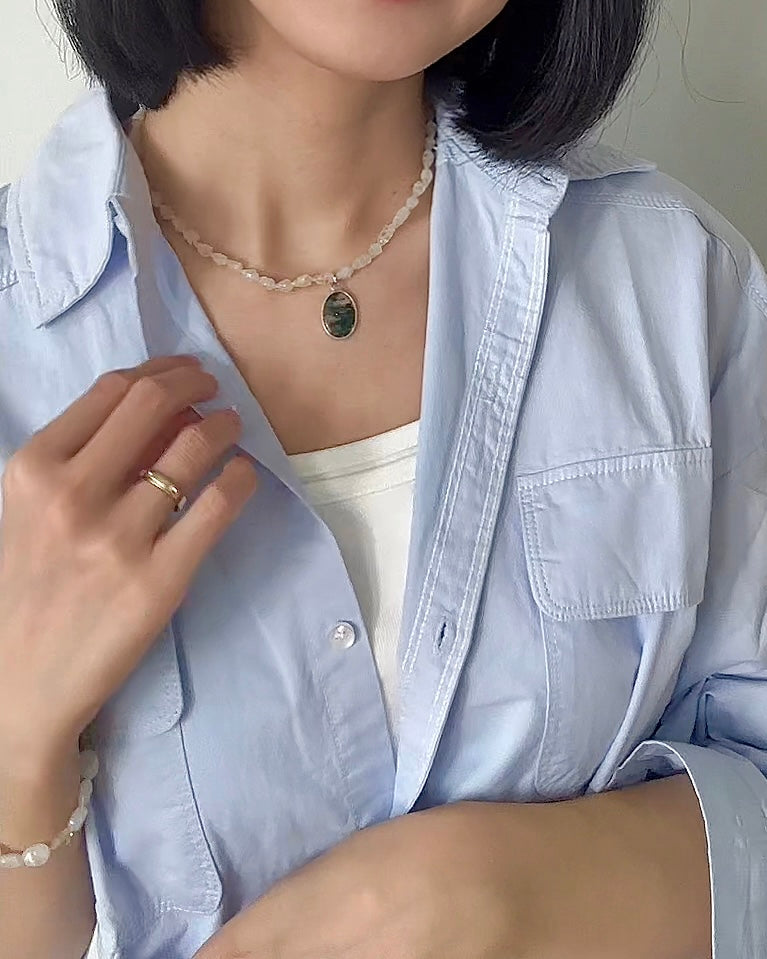 Moonstone Beaded And Green Moss Agate Necklace