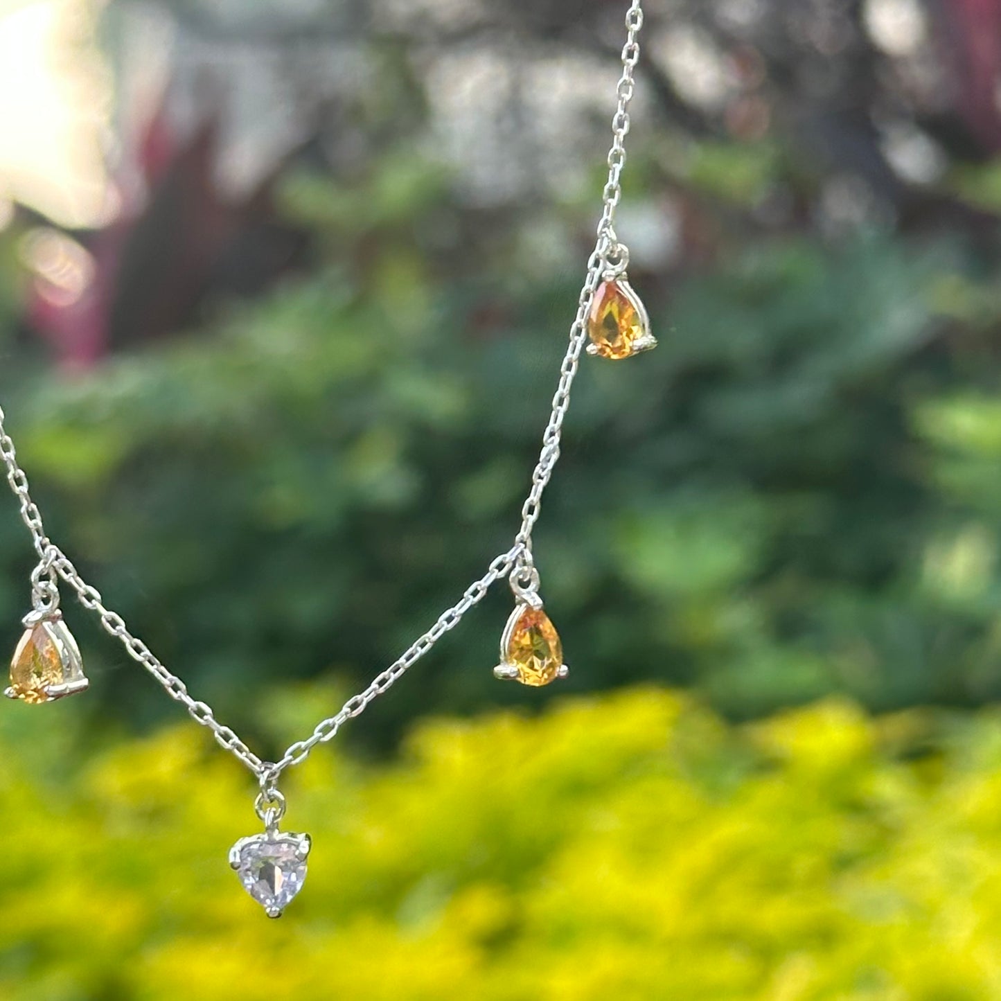 Milky Amethyst Heart And Citrine Dangling Sterling Silver Necklace