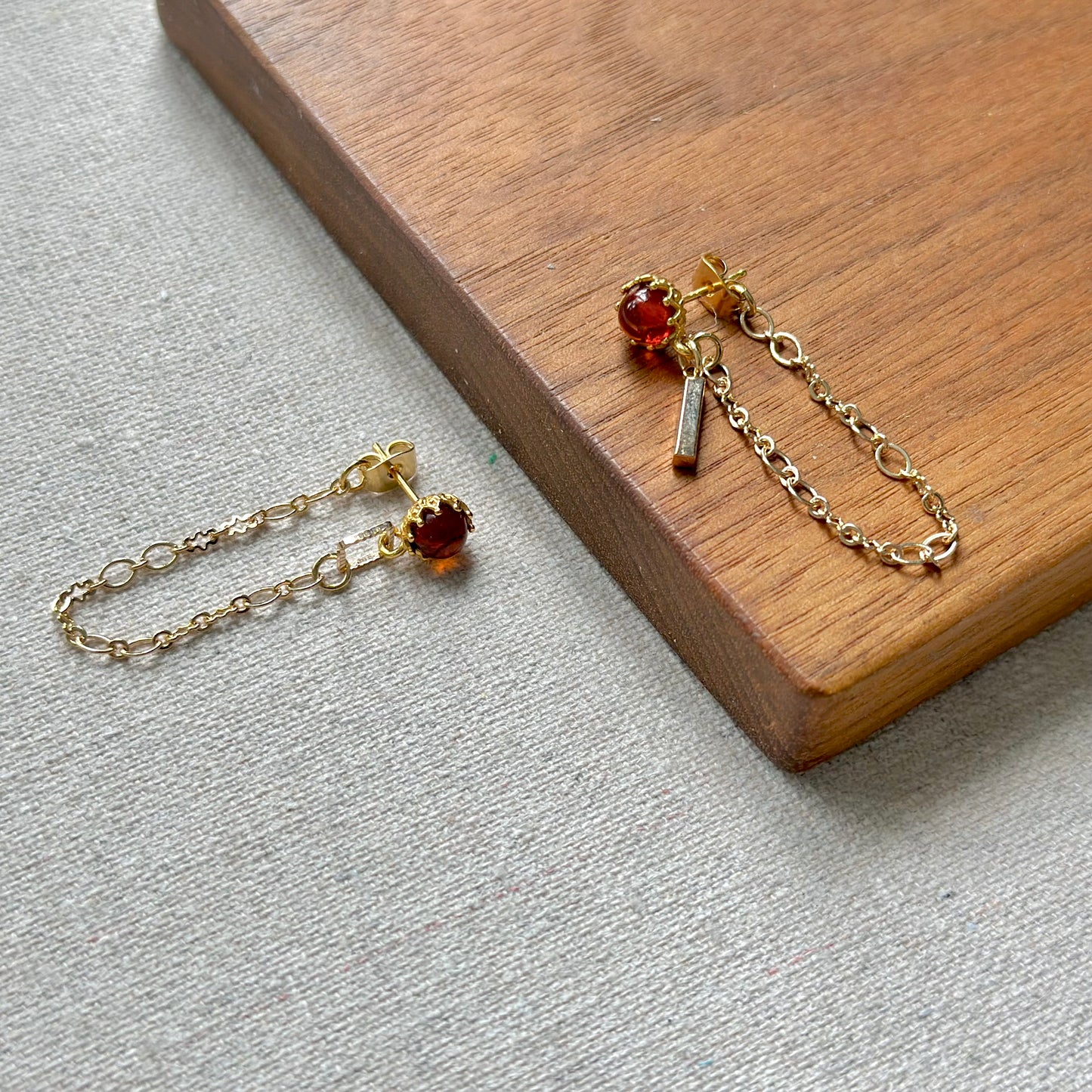 Amber Stud And Chain Hoop-like Gold-plated Earring