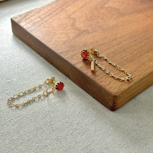 Amber Stud And Chain Hoop-like Gold-plated Earring