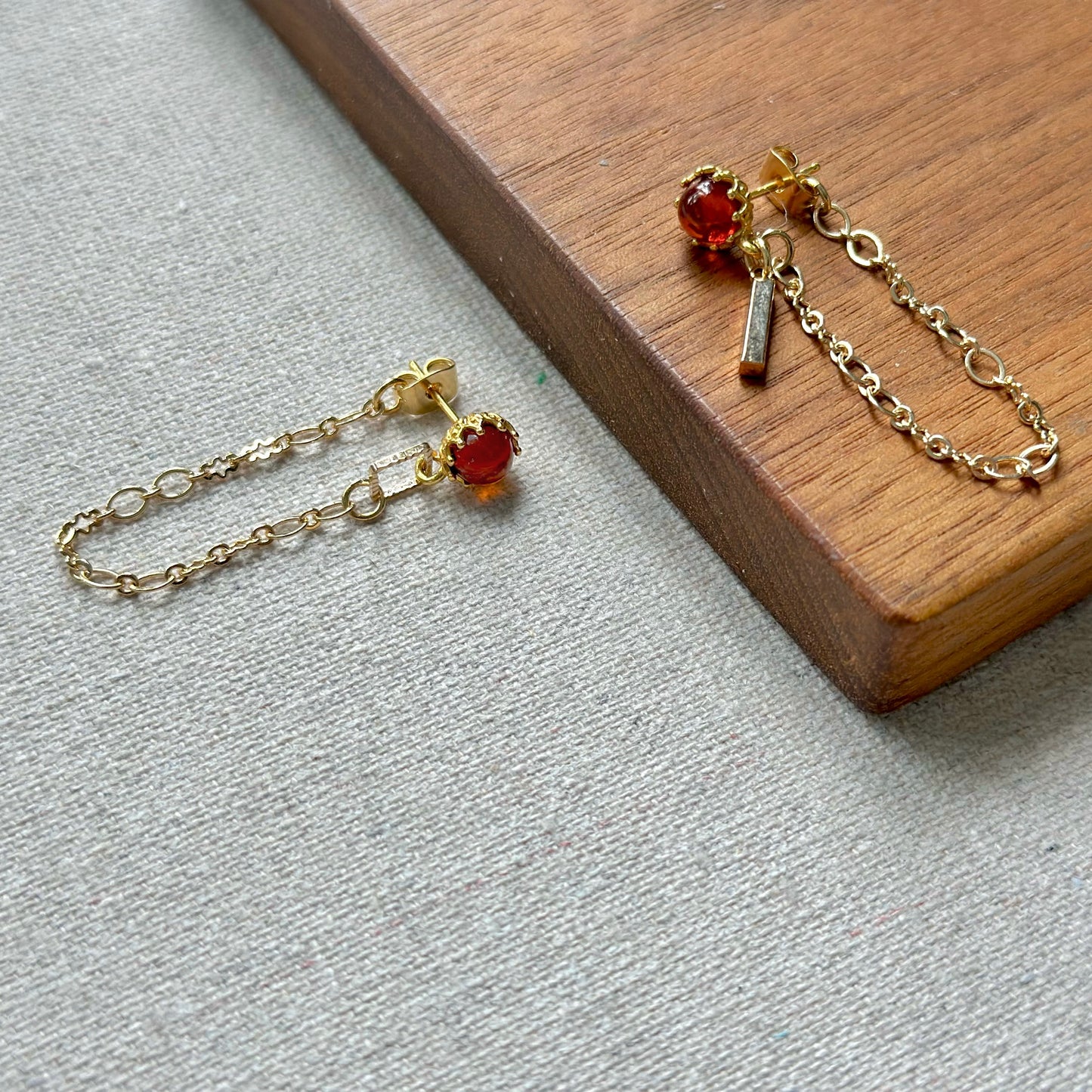 Amber Stud And Chain Hoop-like Gold-plated Earring