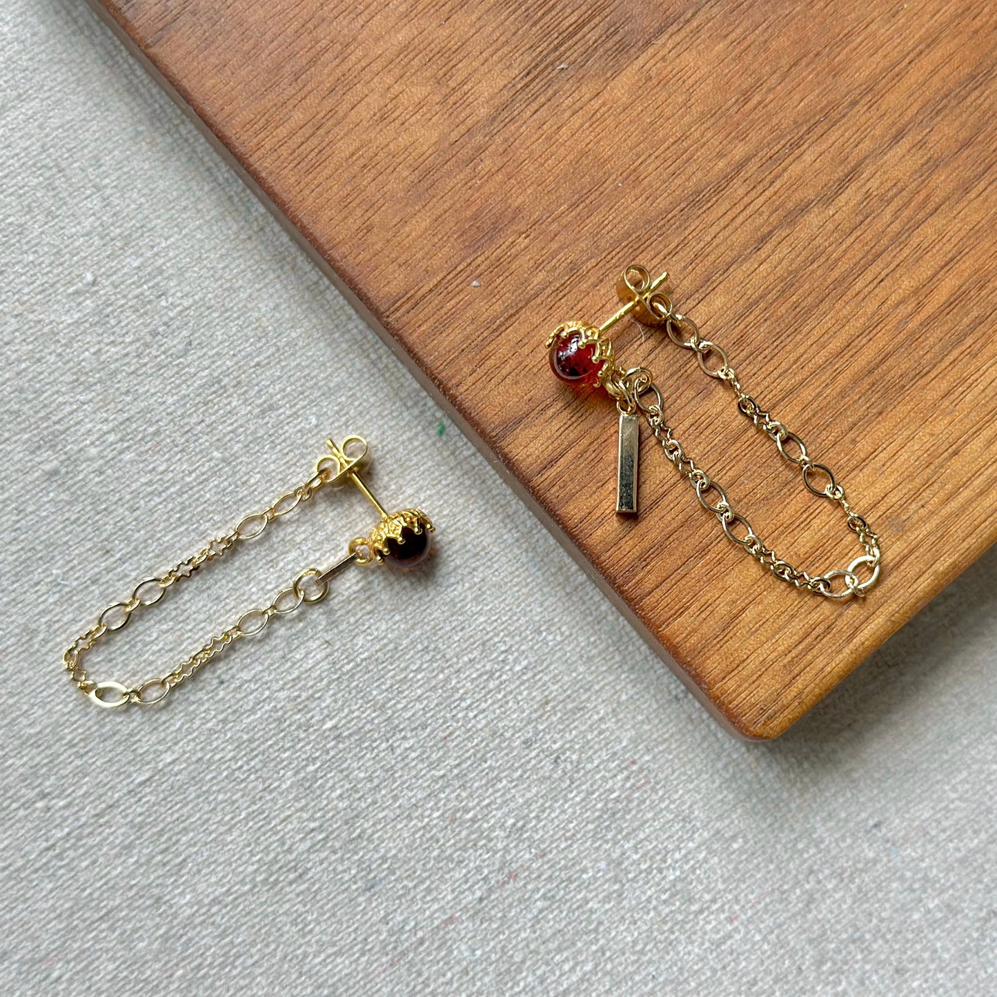 Amber Stud And Chain Hoop-like Gold-plated Earring