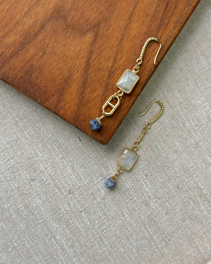 Moonstone And Sapphire Raw Stone Gold-plated Earring