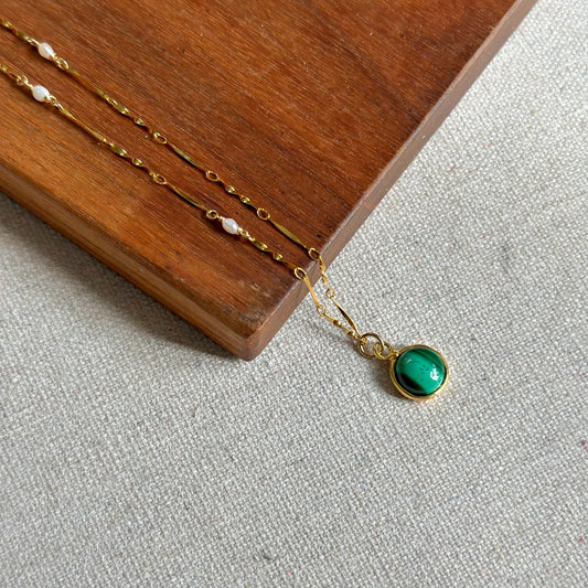 Malachite And Freshwater Pearl Gold-plated Necklace
