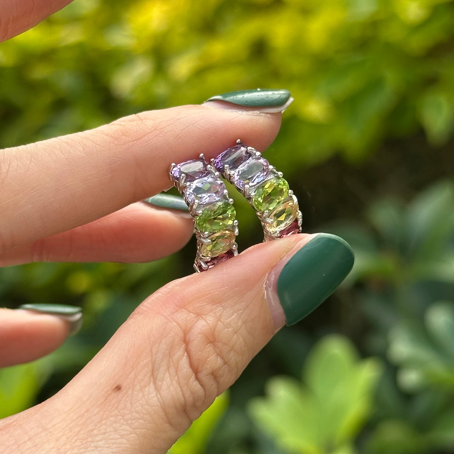 Amethyst Mixed Peridot And Garnet Sterling Silver Ear Hoop