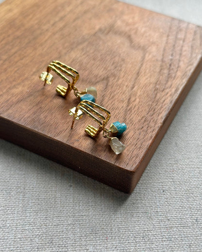Apatite And Golden Rutilated Quartz Gold-plated Earring