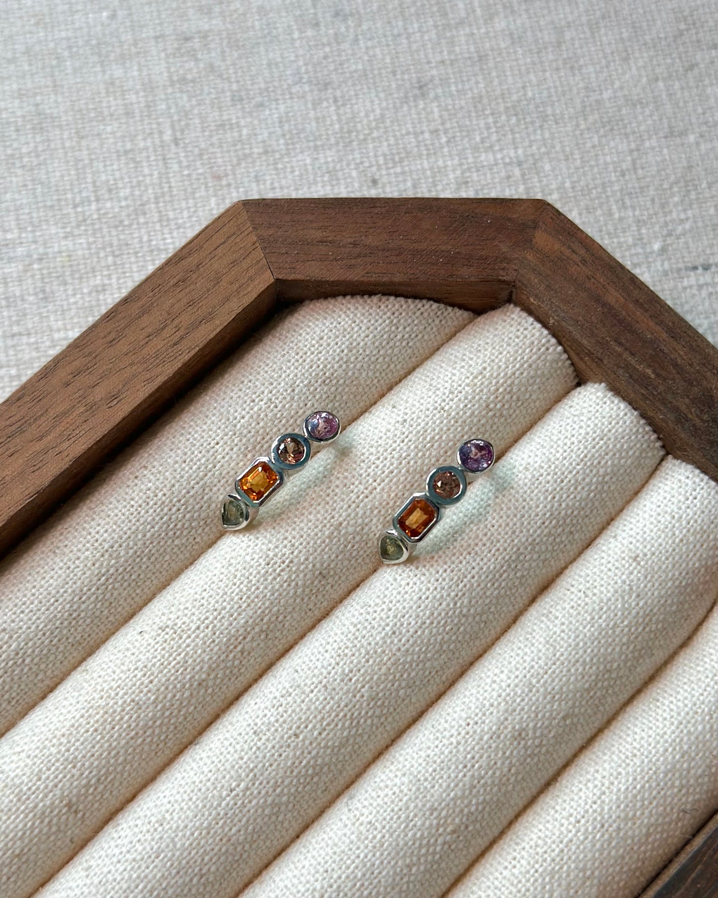 Multi Sapphire Geometric Sterling Silver Ear Stud