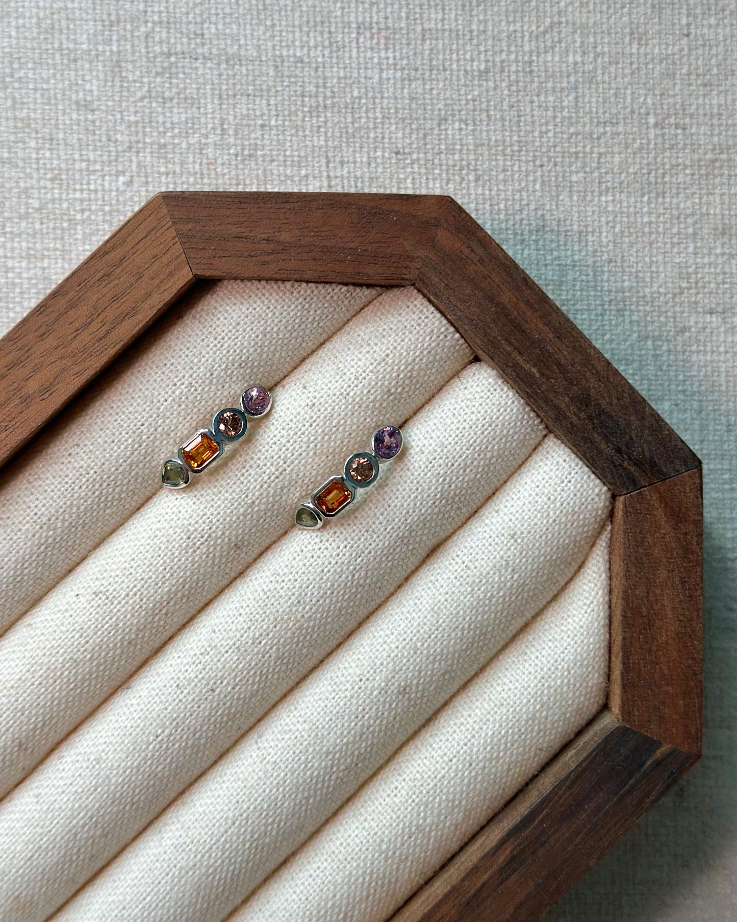 Multi Sapphire Geometric Sterling Silver Ear Stud