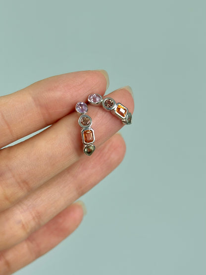 Multi Sapphire Geometric Sterling Silver Ear Stud