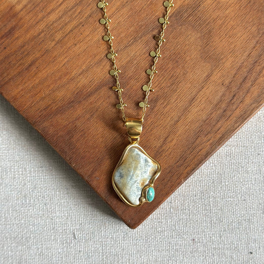 Amber And Turquoise Long Gold-plate Necklace