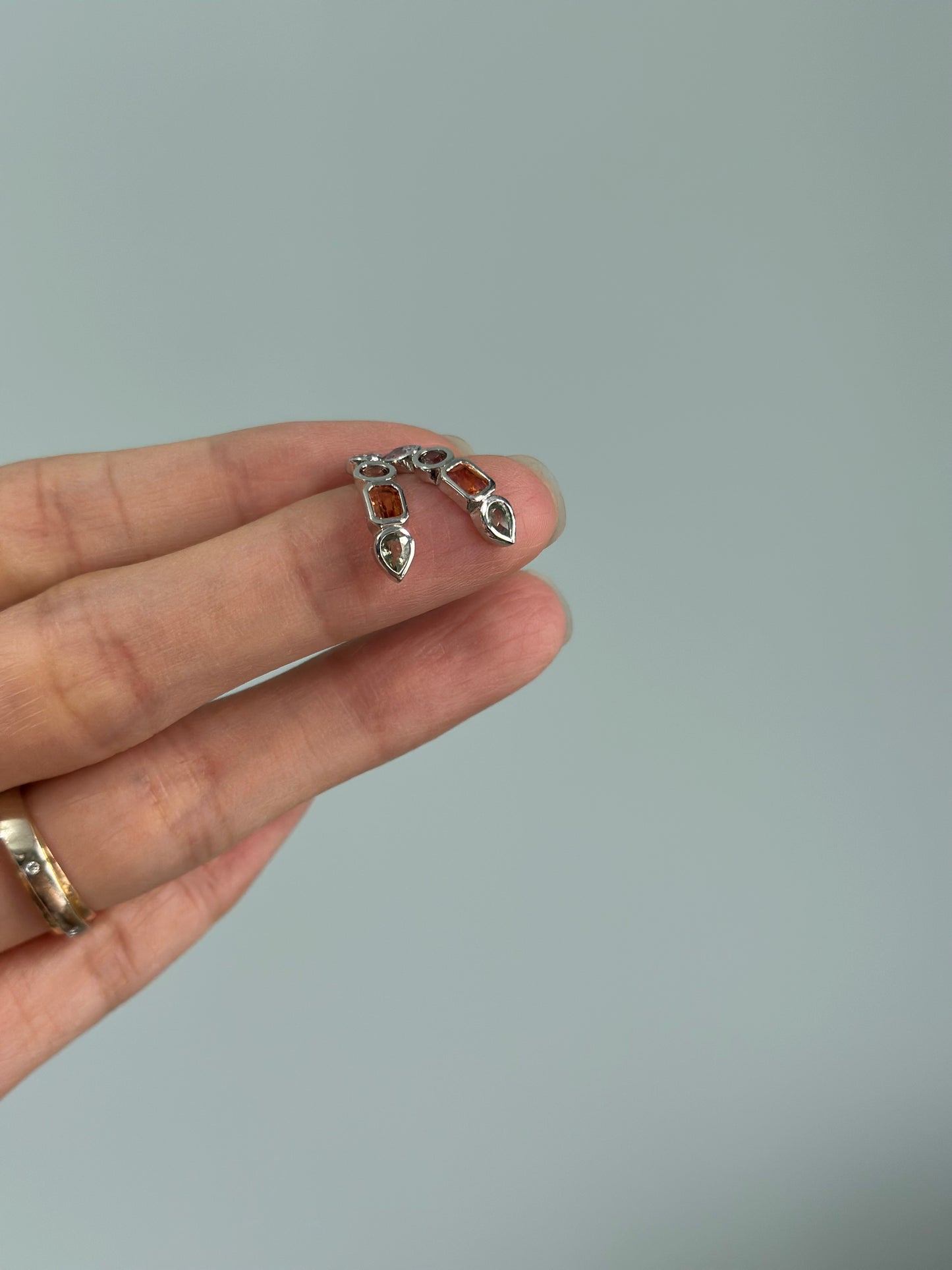 Multi Sapphire Geometric Sterling Silver Ear Stud