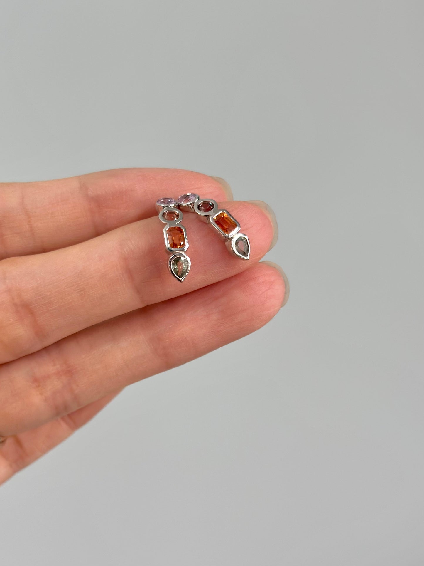 Multi Sapphire Geometric Sterling Silver Ear Stud