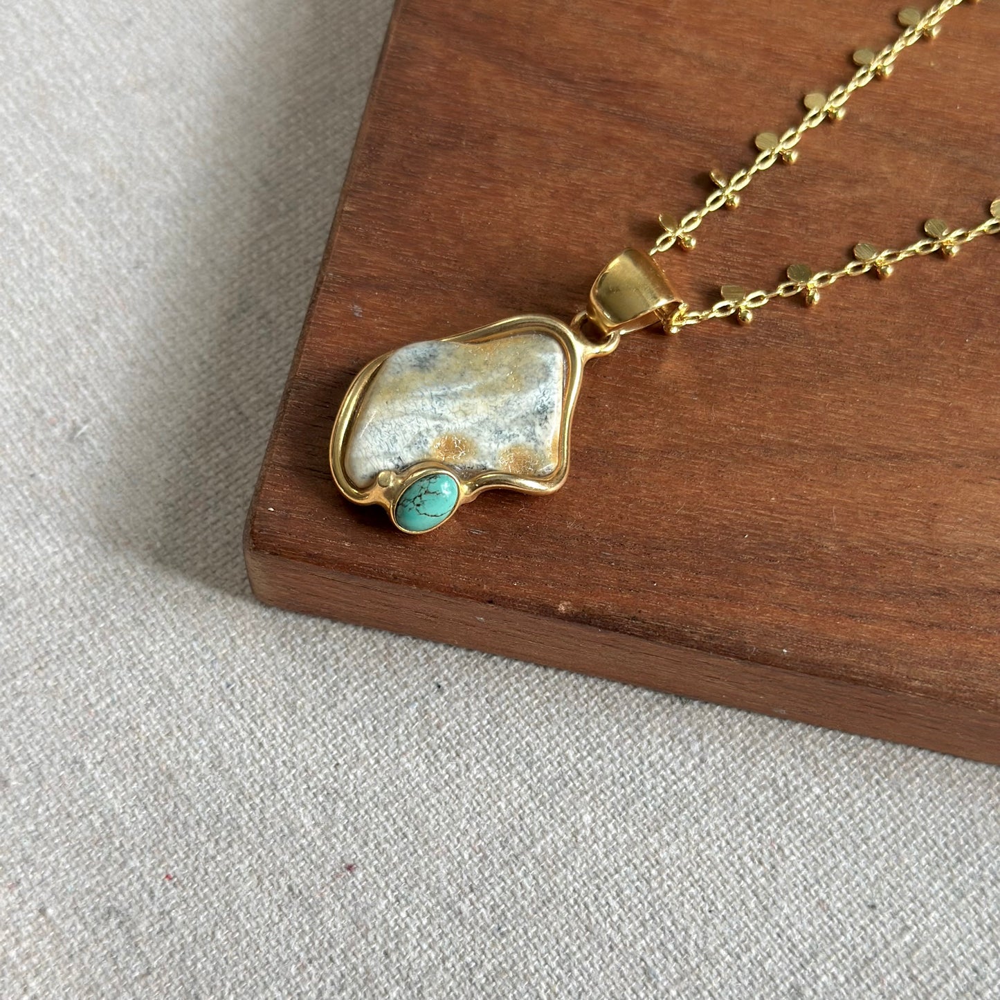 Amber And Turquoise Long Gold-plate Necklace